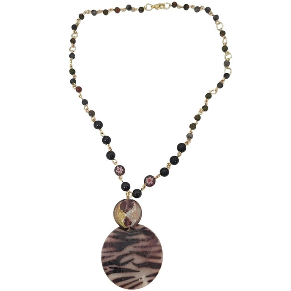 Foil-Lined Lampwork Glass Tourmaline Unakite Gold Plated Glass Necklace - Picture 5 of 6